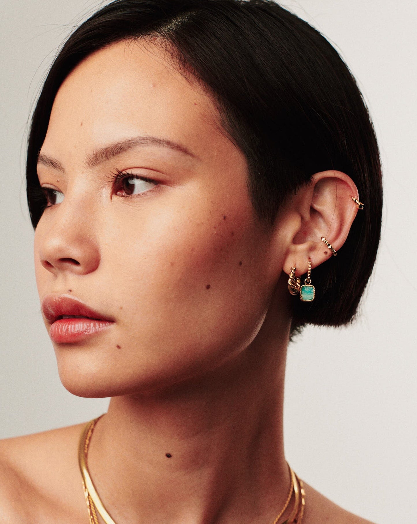 Mini Pyramid Charm Hoop Earrings | 18ct Gold Vermeil/Amazonite