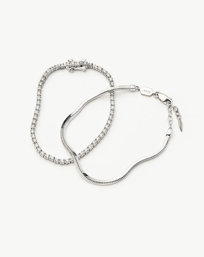 Classic Tennis & Snake Chain Bracelet Set | Sterling Silver