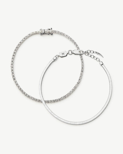 Classic Tennis & Snake Chain Bracelet Set | Sterling Silver