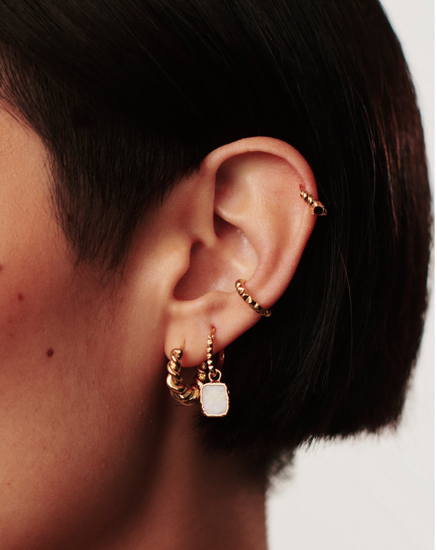 Mini Pyramid Charm Hoop Earrings | 18ct Gold Vermeil/Rainbow Moonstone