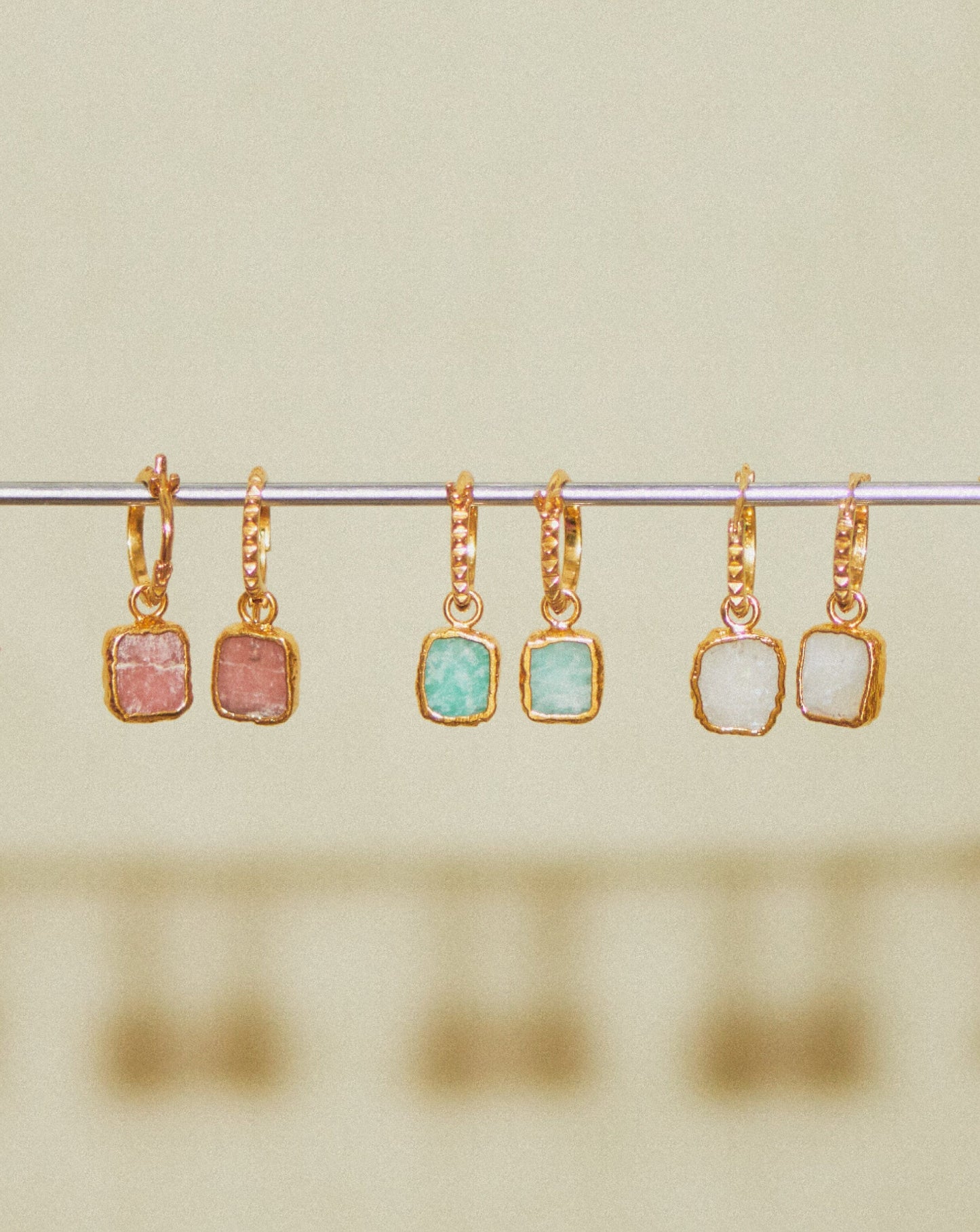 Mini Pyramid Charm Hoop Earrings | 18ct Gold Vermeil/Rainbow Moonstone