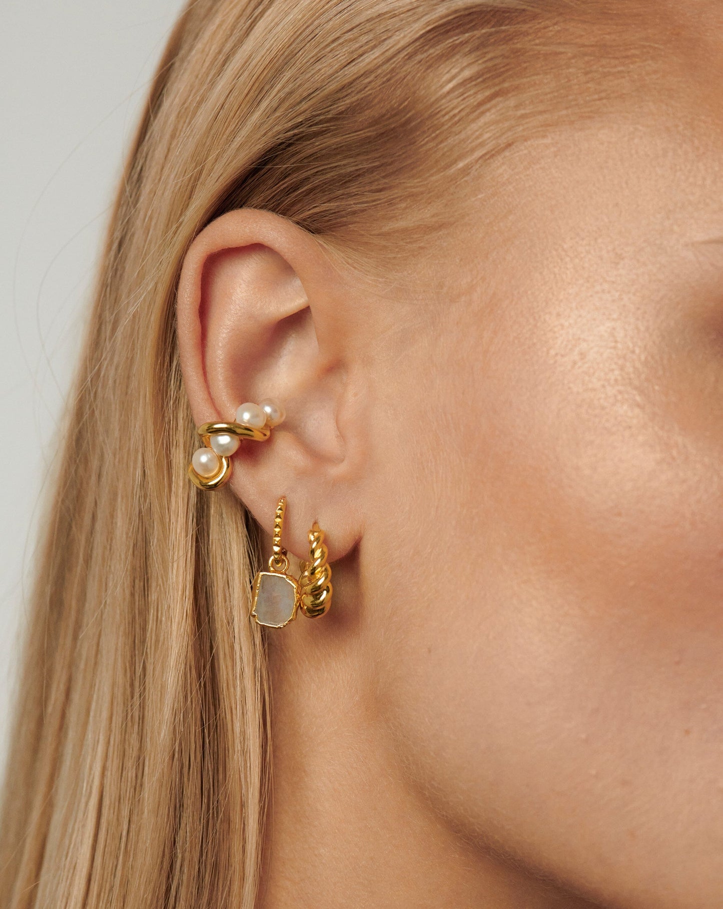 Mini Pyramid Charm Hoop Earrings | 18ct Gold Vermeil/Rainbow Moonstone