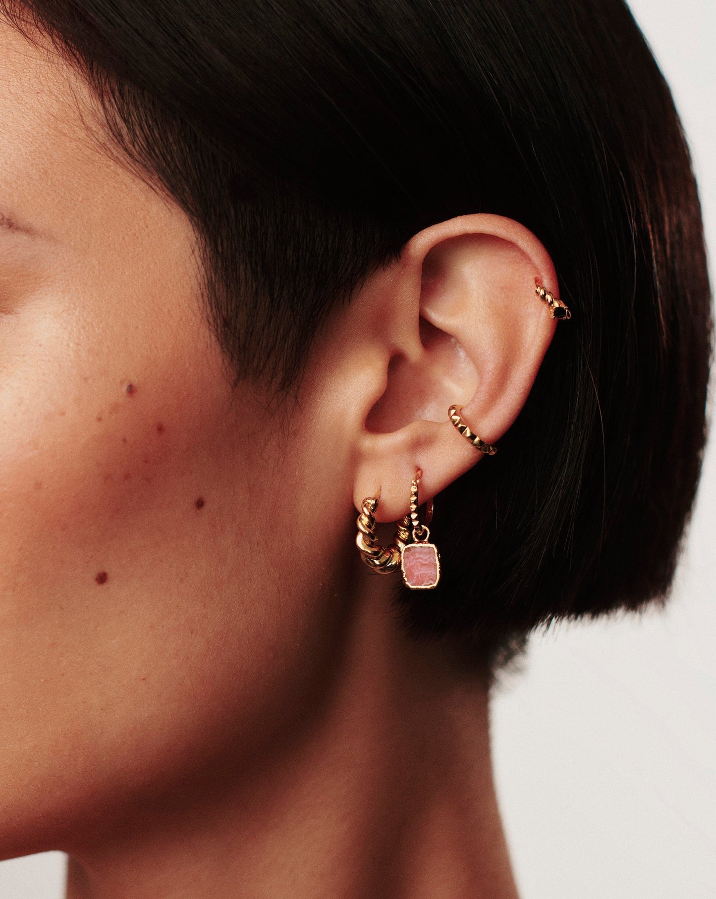 Mini Pyramid Charm Hoop Earrings | 18ct Gold Vermeil/Rhodochrosite