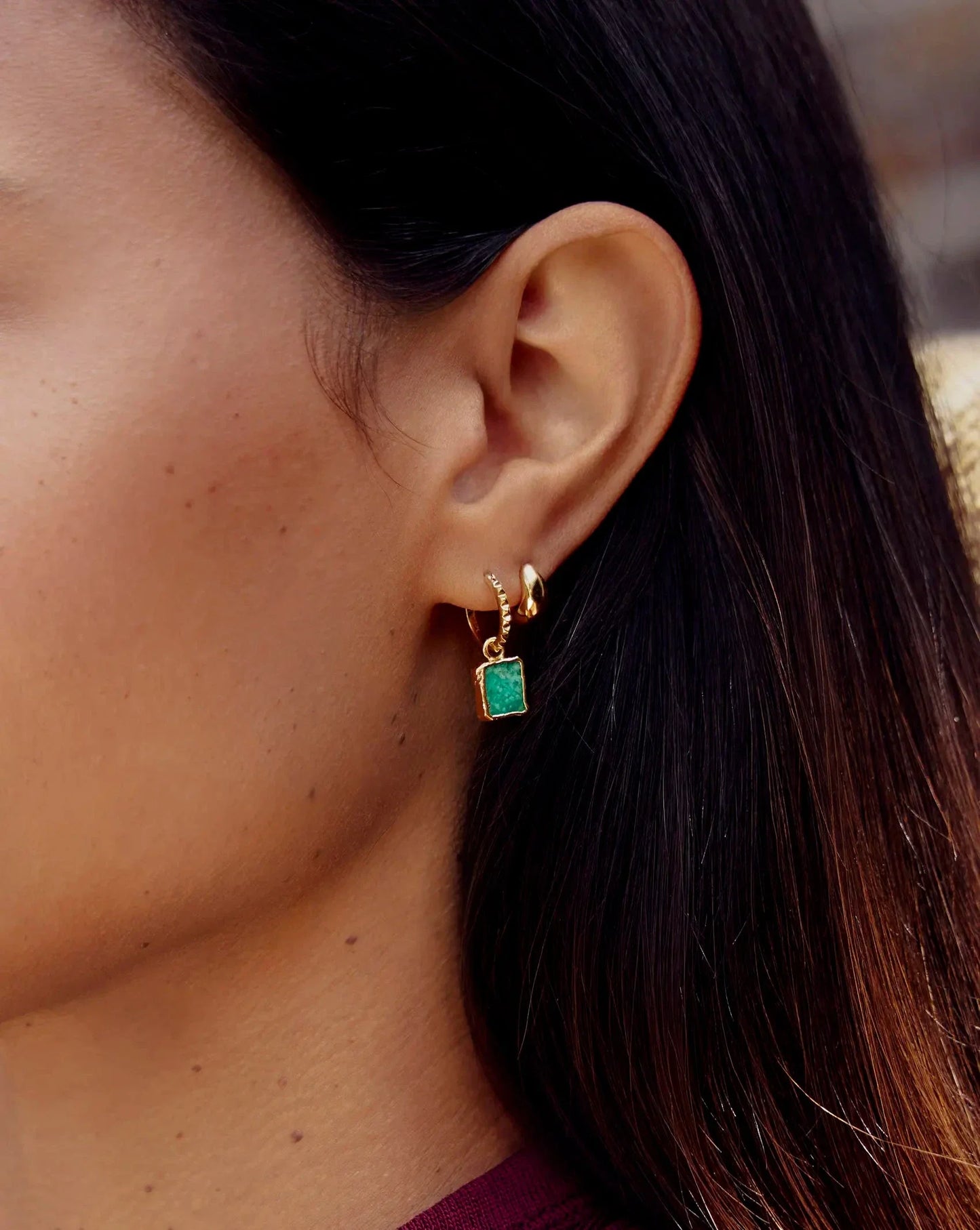 Mini Pyramid Charm Hoop Earrings | 18ct Gold Vermeil/Amazonite