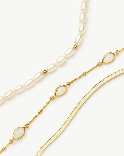 Pearl & Snake Chain Triple Bracelet Set | 18ct Gold Plated