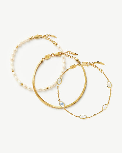 Pearl & Snake Chain Triple Bracelet Set | 18ct Gold Plated