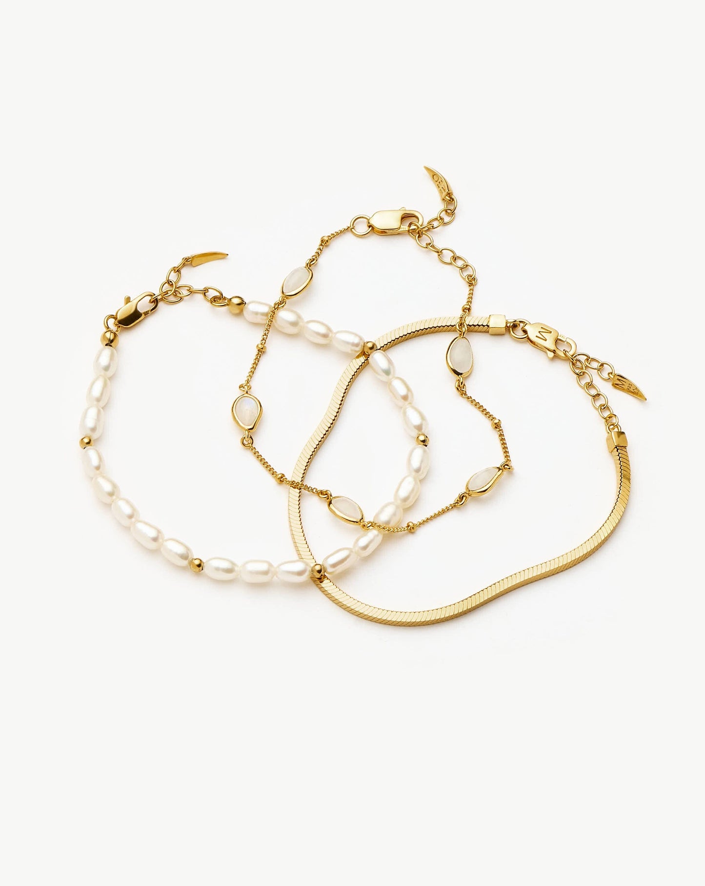 Pearl & Snake Chain Triple Bracelet Set | 18ct Gold Plated