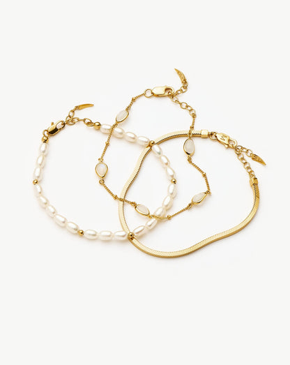 Pearl & Snake Chain Triple Bracelet Set | 18ct Gold Plated