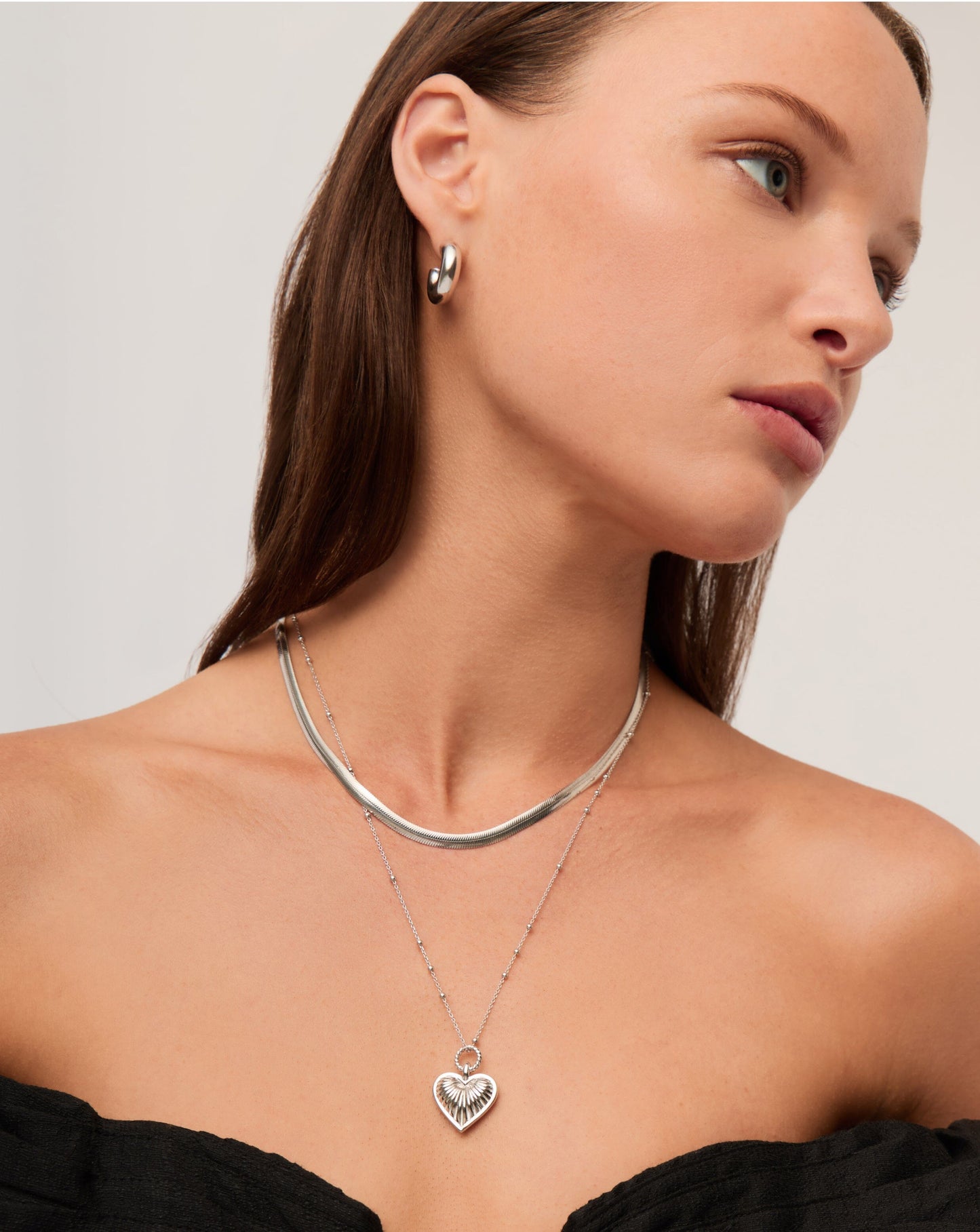 Ridge Heart Charm Pendant Necklace | Silver Plated