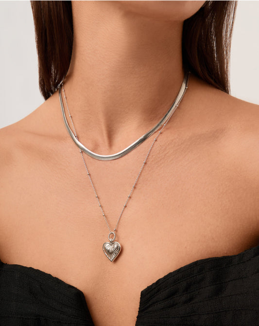 Ridge Heart Charm Pendant Necklace | Silver Plated